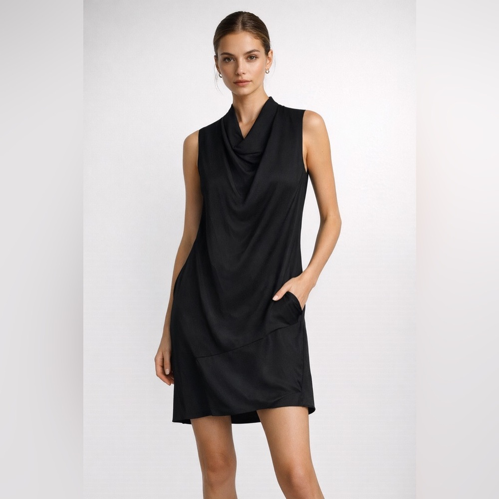 🖤 HELMUT LANG Gravel Silk Cowl Neck Assymetrical Sleeveless Dress. Pockets. US 6
